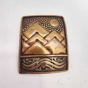 Vintage Copper-Tone Mountain & Fish Scene Brooch Pin Native American Artisan